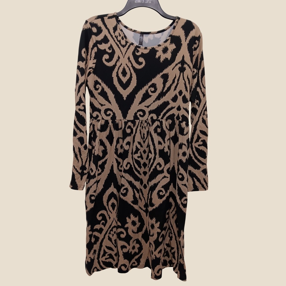 DB Moon Womens Medium Black Tan Ikat Damask Empire Waist Long Sleeve Dress NEW